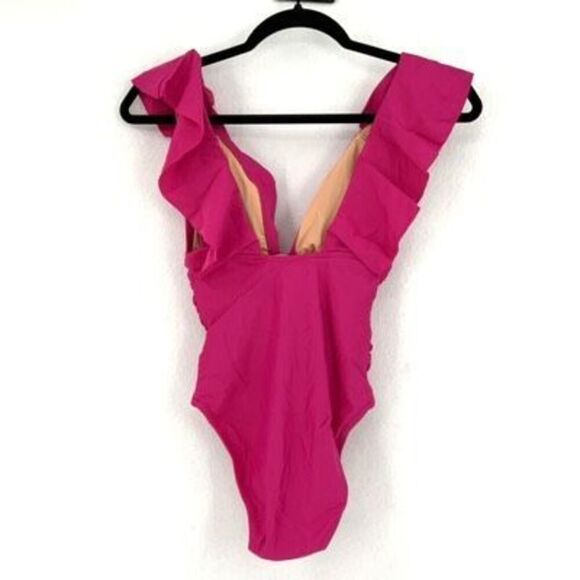 J. Crew Ruched Ruffle One Piece Swimsuit Plus Size In Radiant Fuchsia Size 20 - Picture 4 of 6